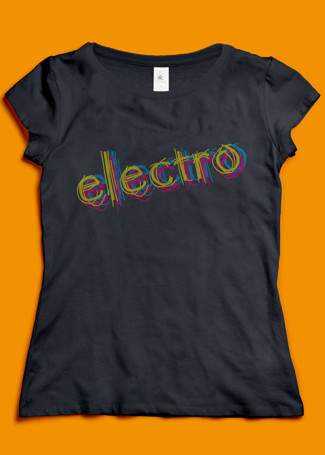 Schwarzes Frauen T-Shirt mit einem bunten Text electro