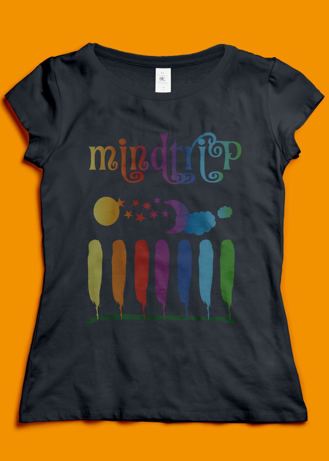 Schwarzes Frauen T-Shirt mit einem bunten Text mindtrip