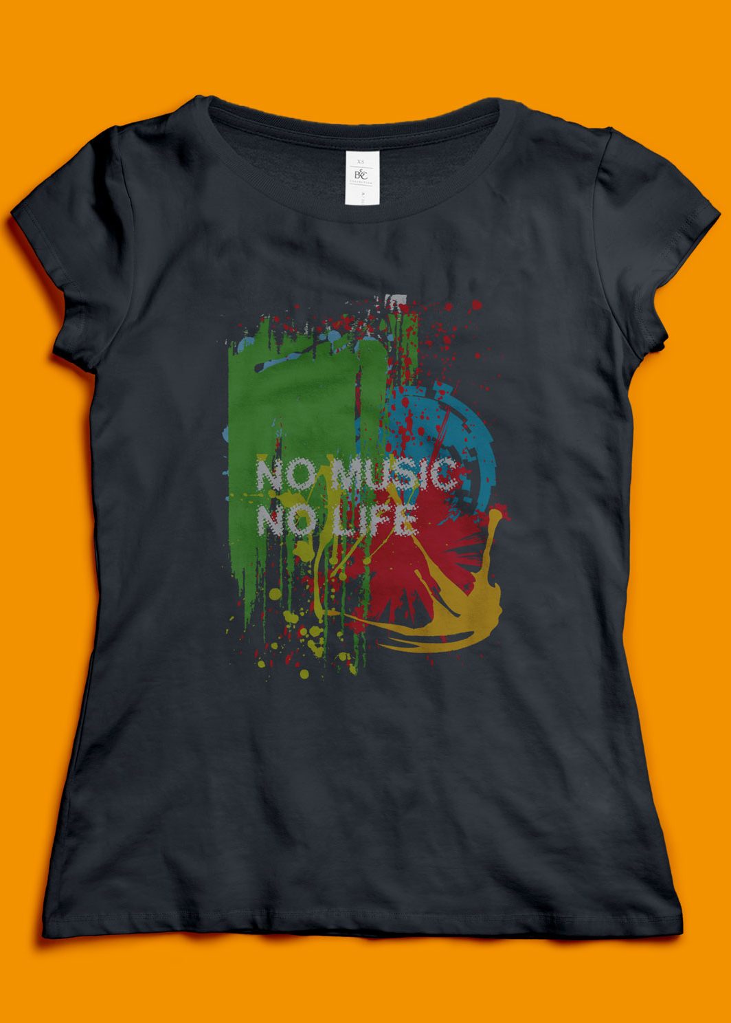 Schwarzes Frauen T-Shirt mit dem Text No Music No Life und fancy Farbkleckse