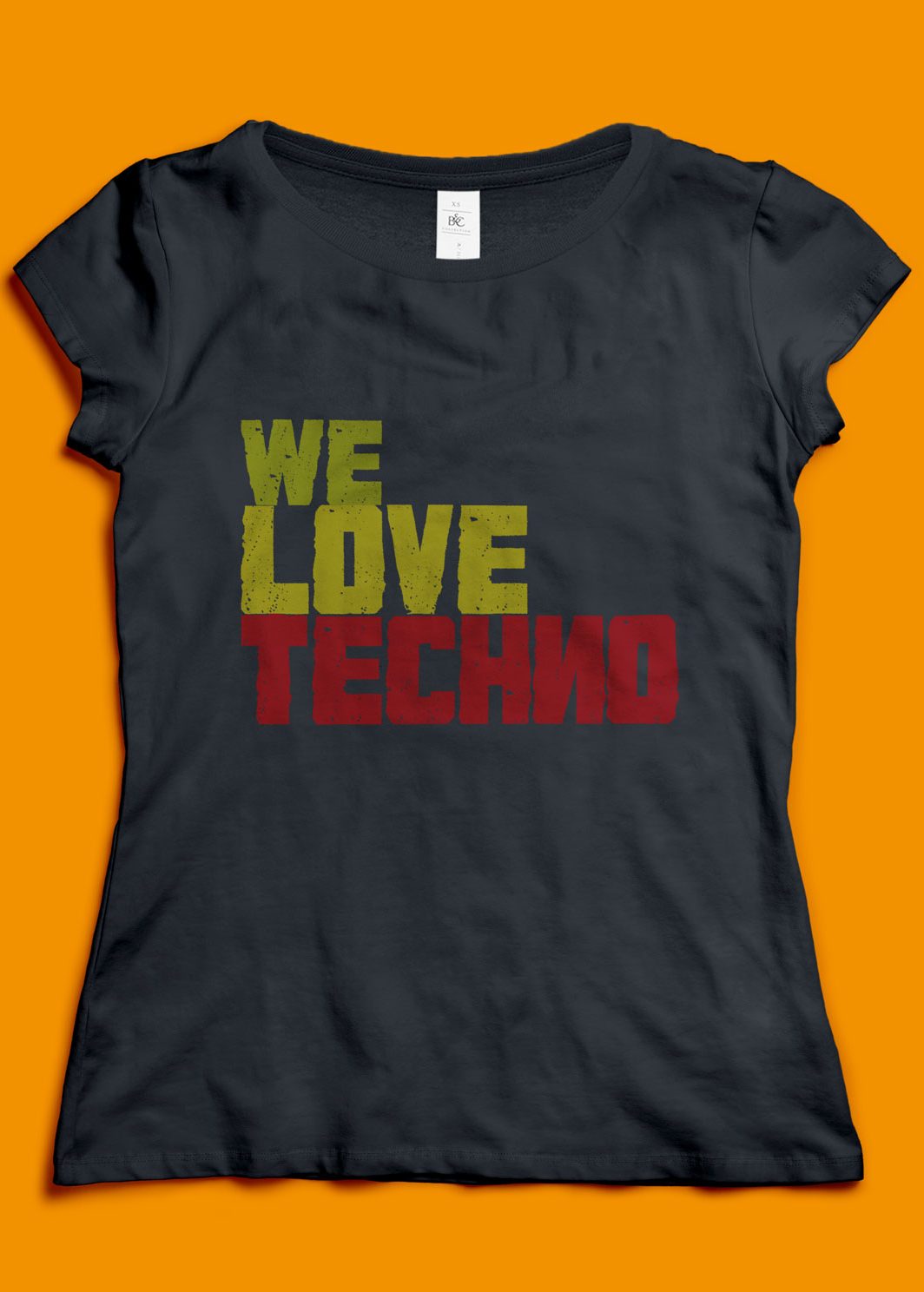 Schwarzes Frauen T-Shirt mit dem Text We Love Techno