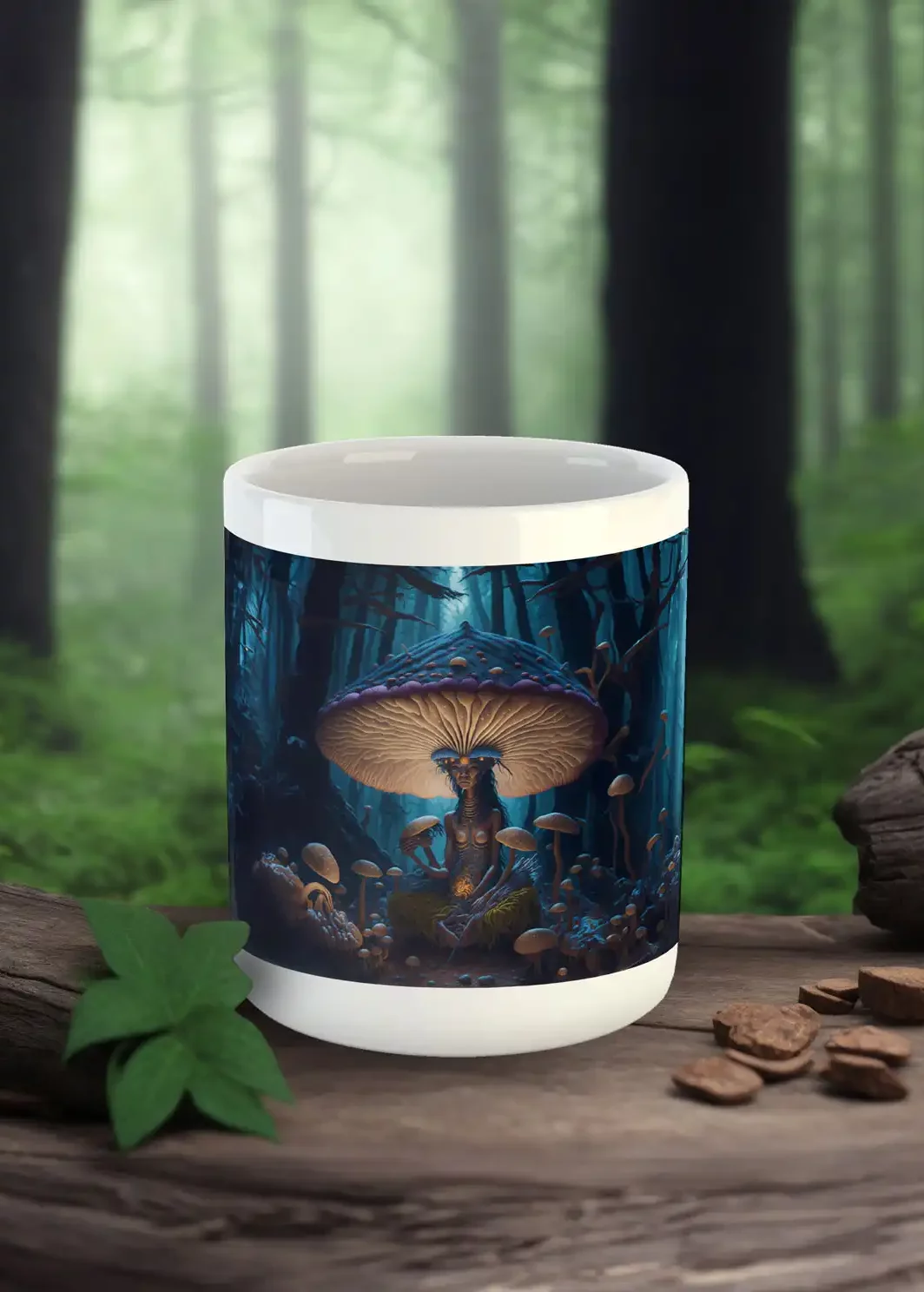 Eine Tasse mit einem Mushroom God im Wald, Psychedelic Style