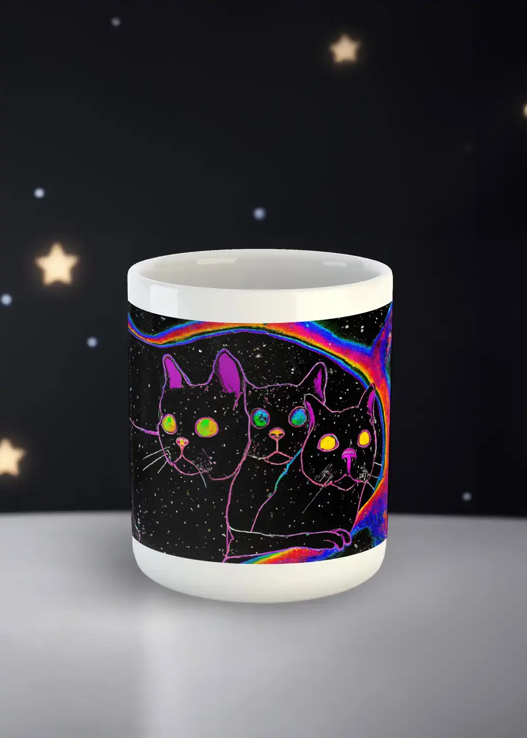 Eine Tasse mit Katzen im Weltall mit dem Namen Cats in Space, Psychedelic Style