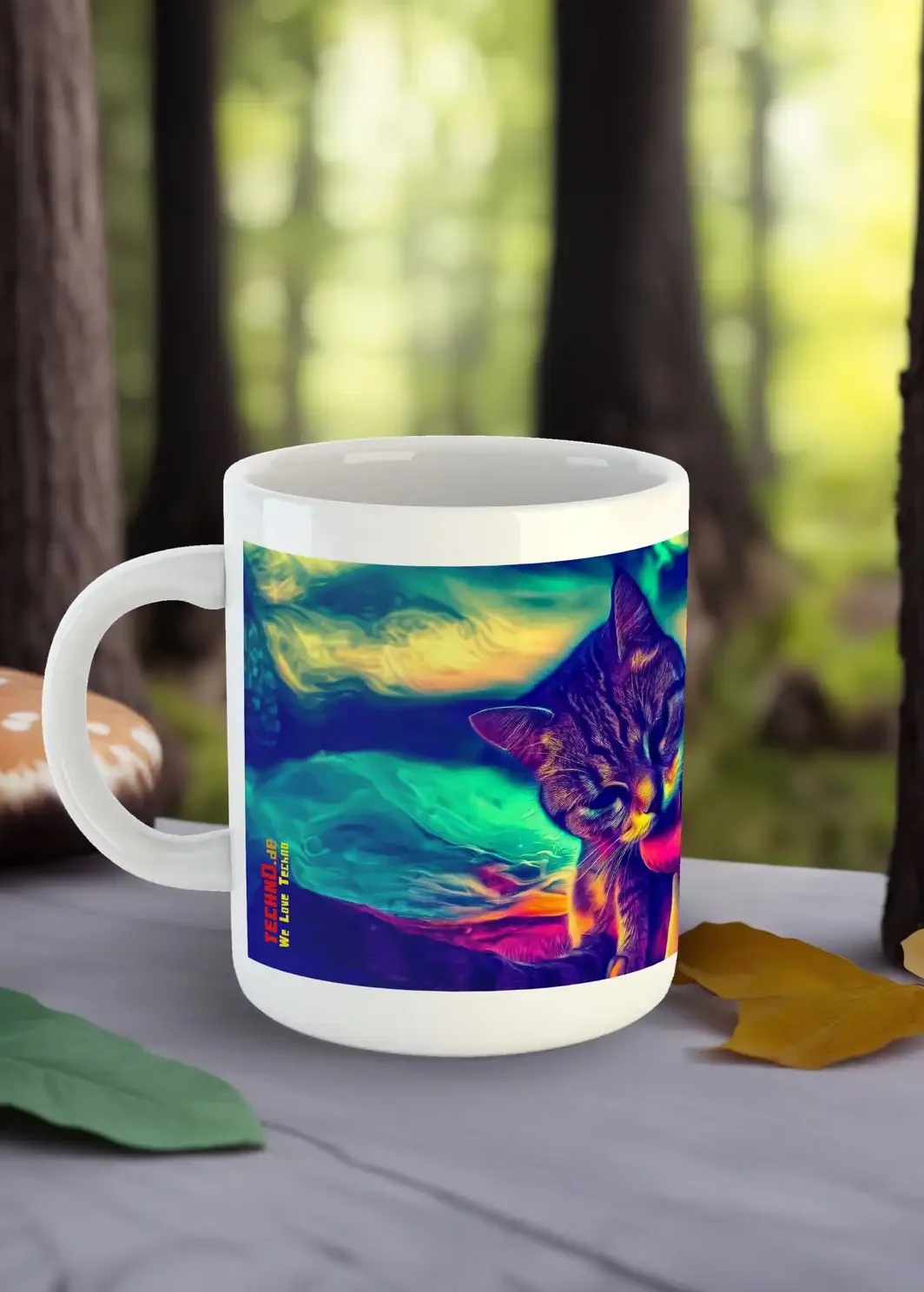 Tasse Mushroom Cat von der Seite mit dem Motiv einer Katze, die einen Pilz in einer surrealen Umgebung ableckt